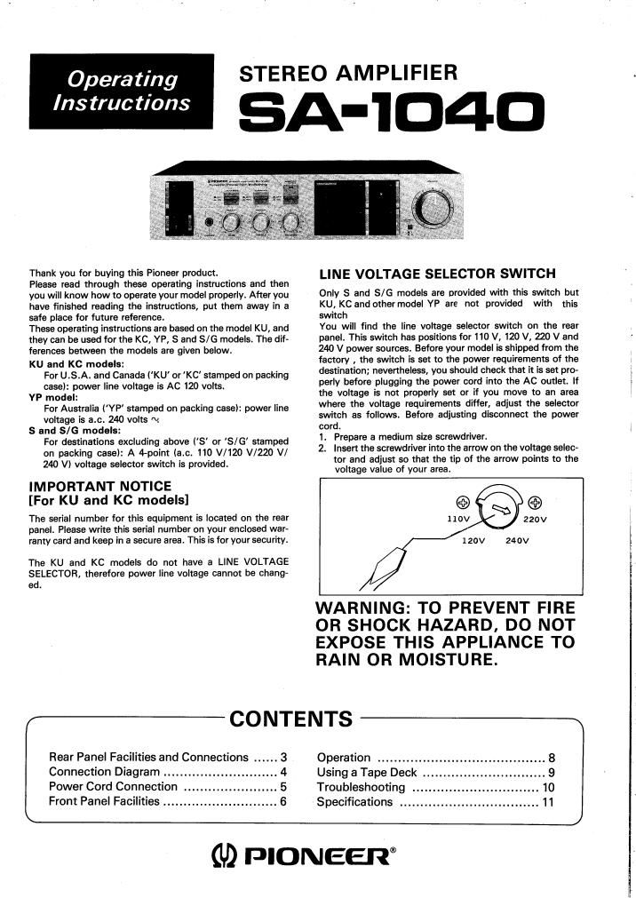 Pioneer SA 1040 Owners Manual
