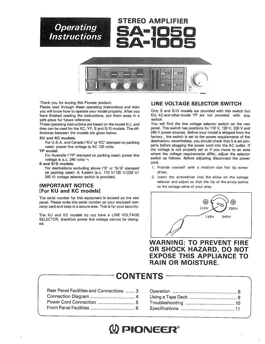 Pioneer SA 1050 Owners Manual