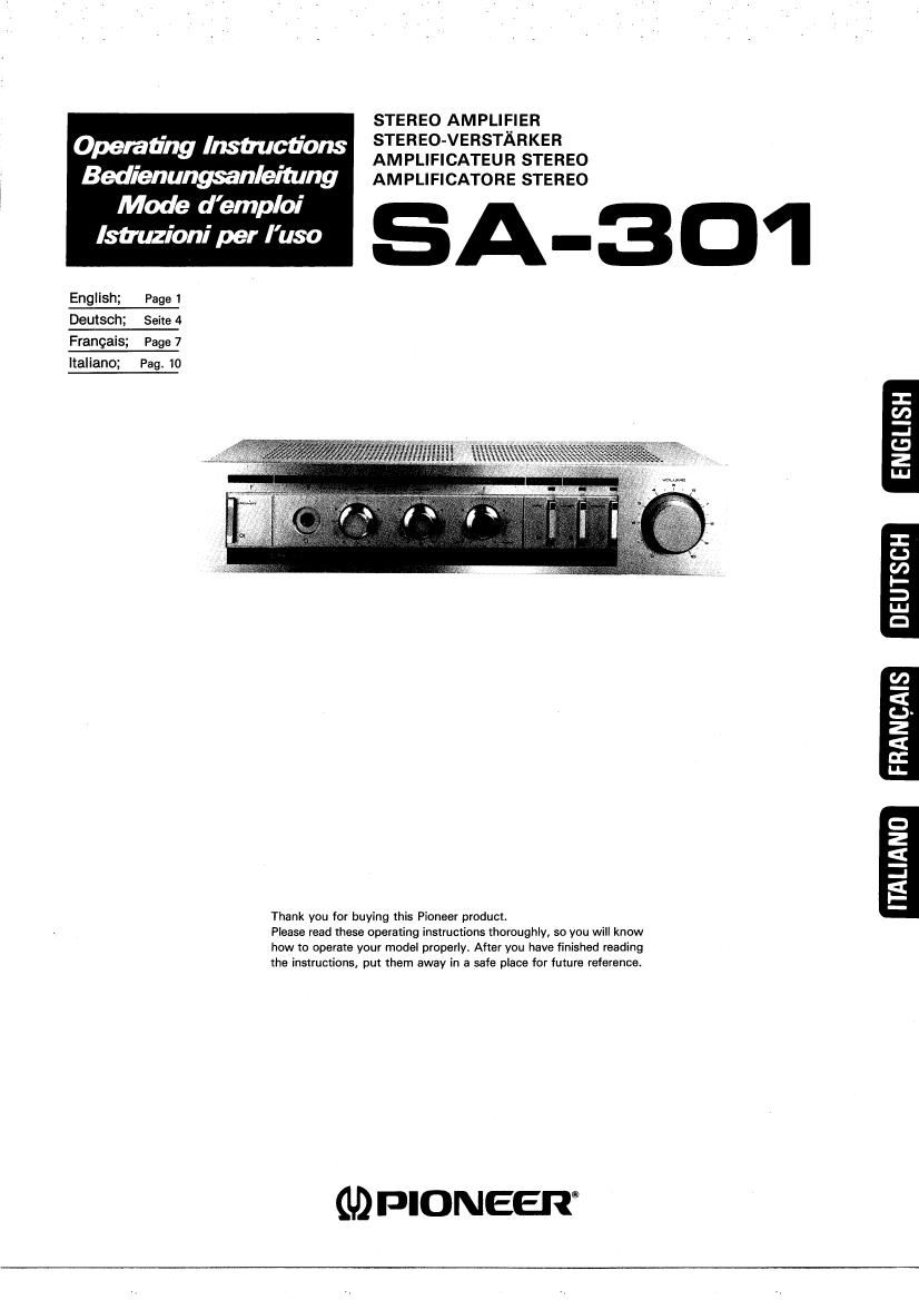 Pioneer SA 301 Owners Manual