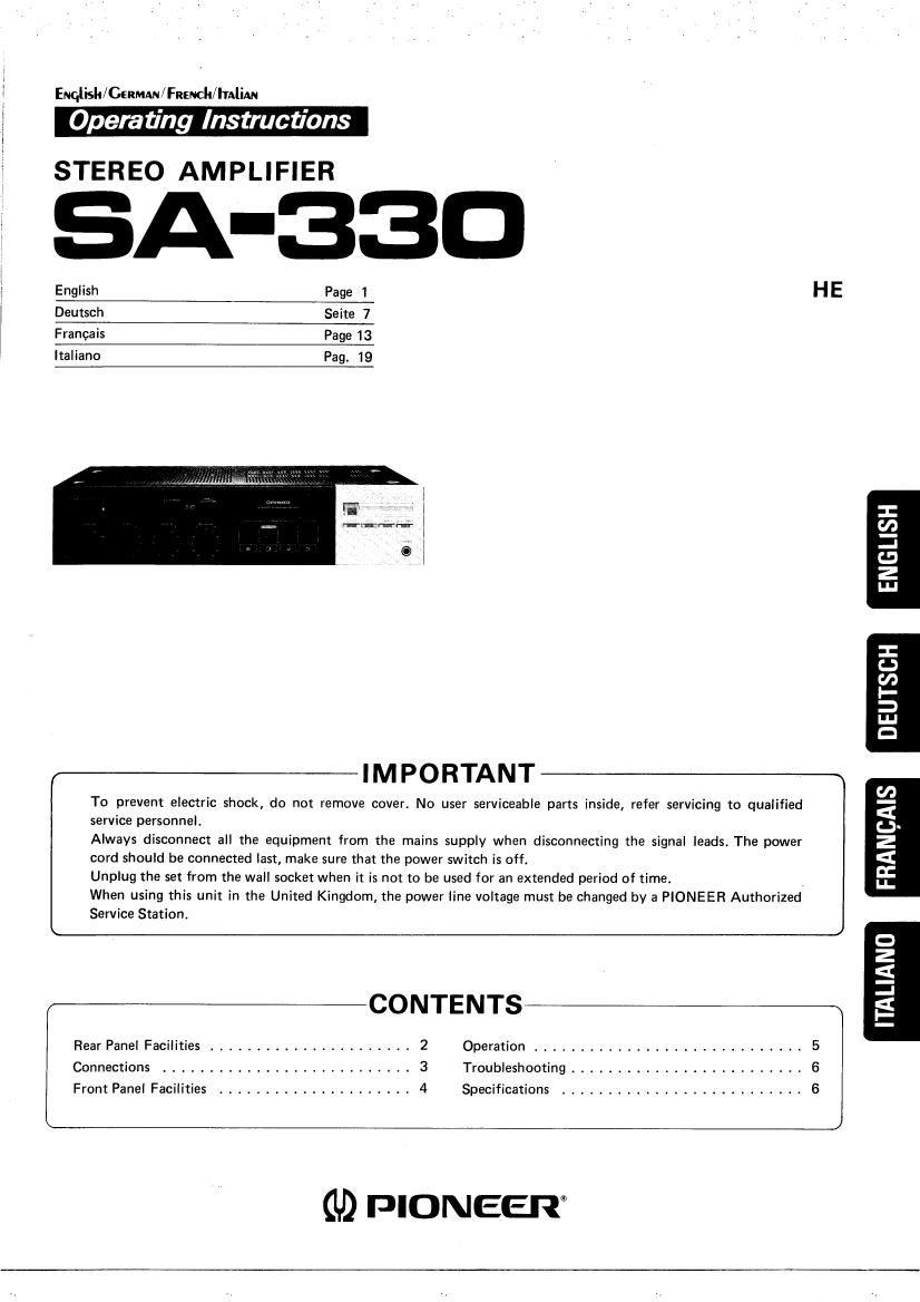 Pioneer SA 330 Owners Manual