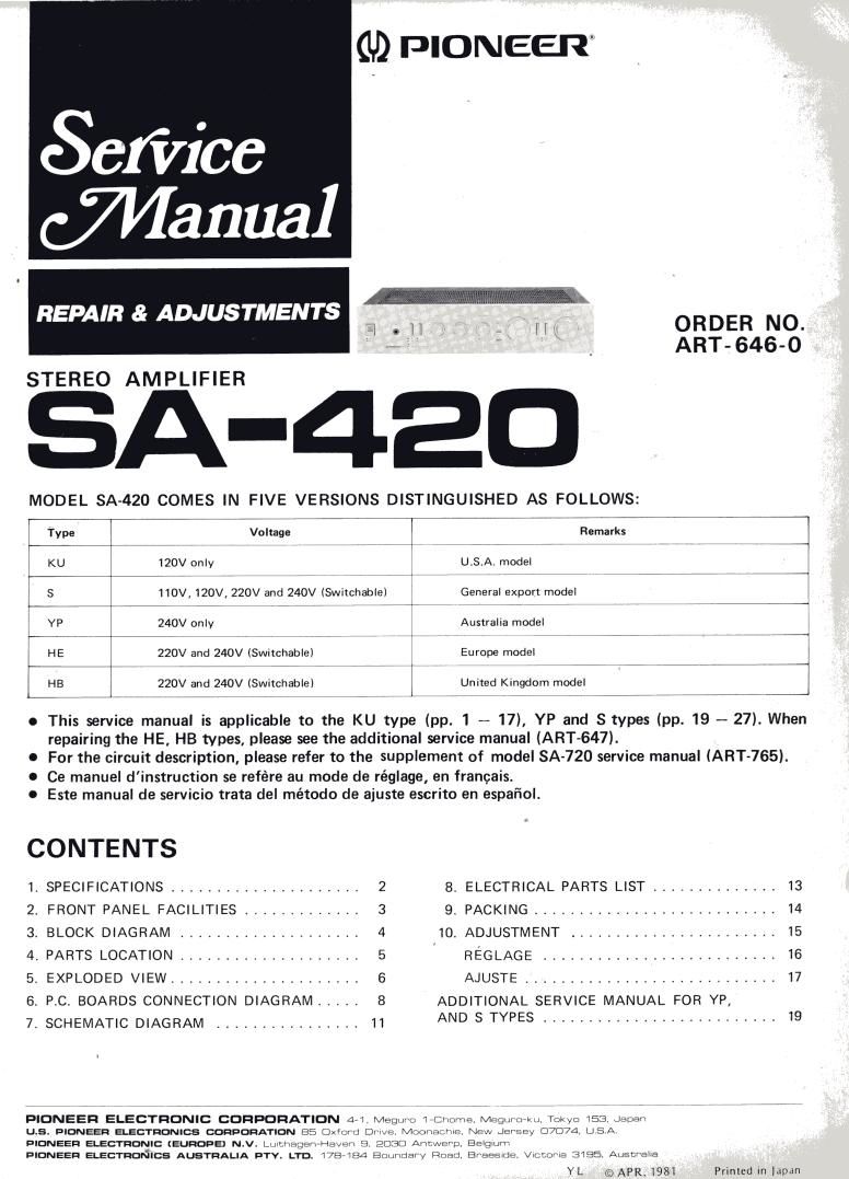 Pioneer SA 420 Service Manual