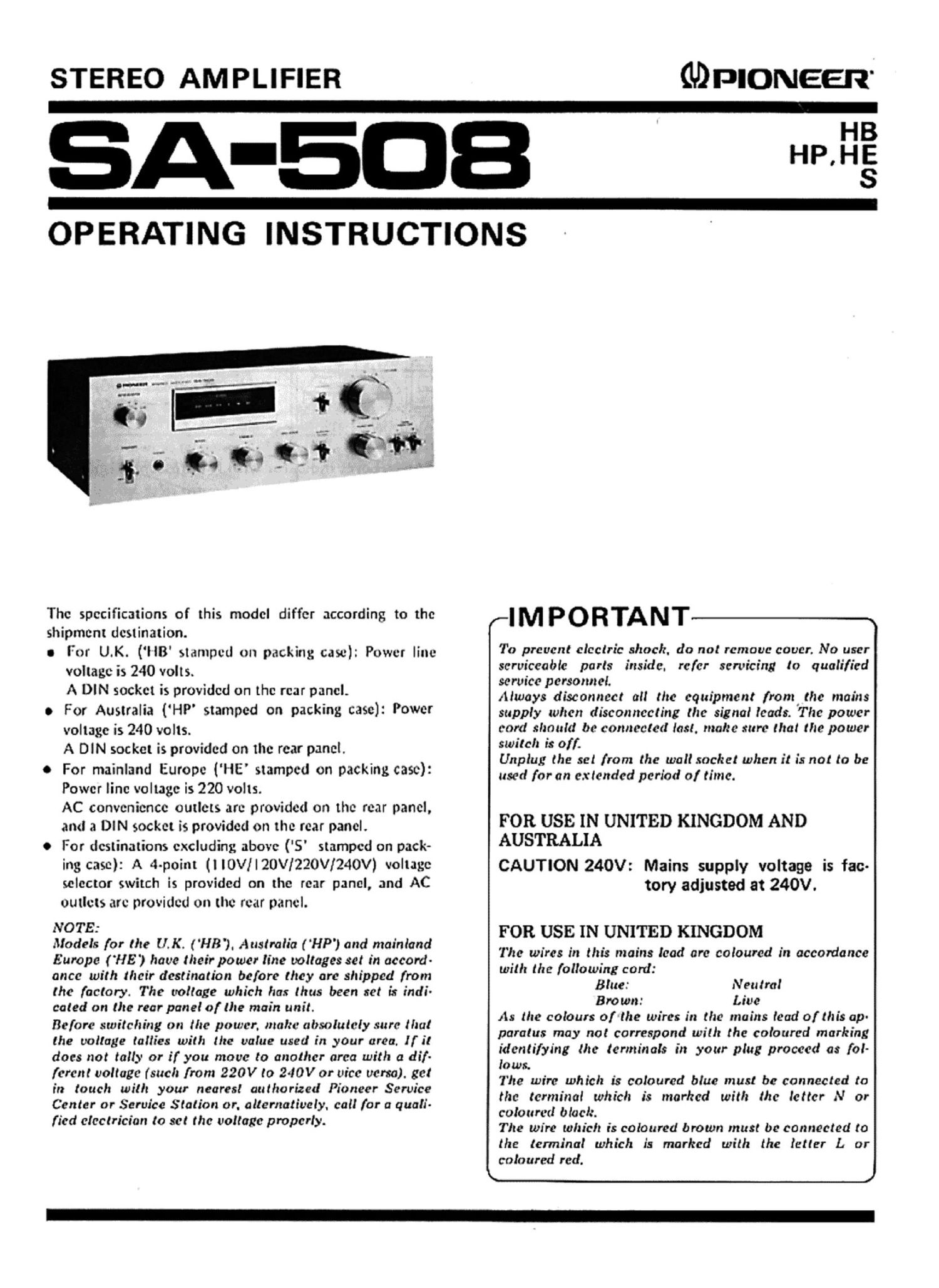 Pioneer SA 508 Owners Manual