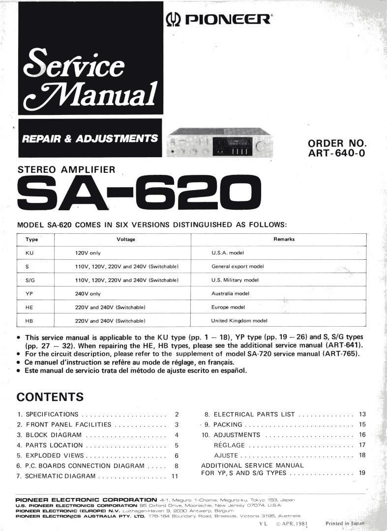 Pioneer SA 620 Service Manual