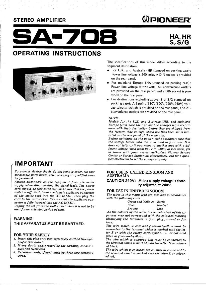Pioneer SA 708 Owners Manual