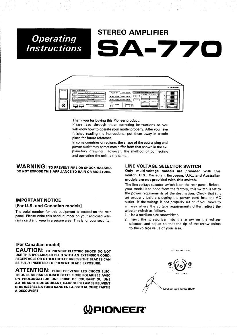 Pioneer SA 770 Owners Manual