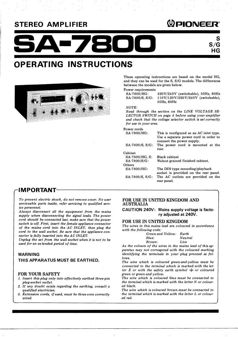 Pioneer SA 7800 Owners Manual
