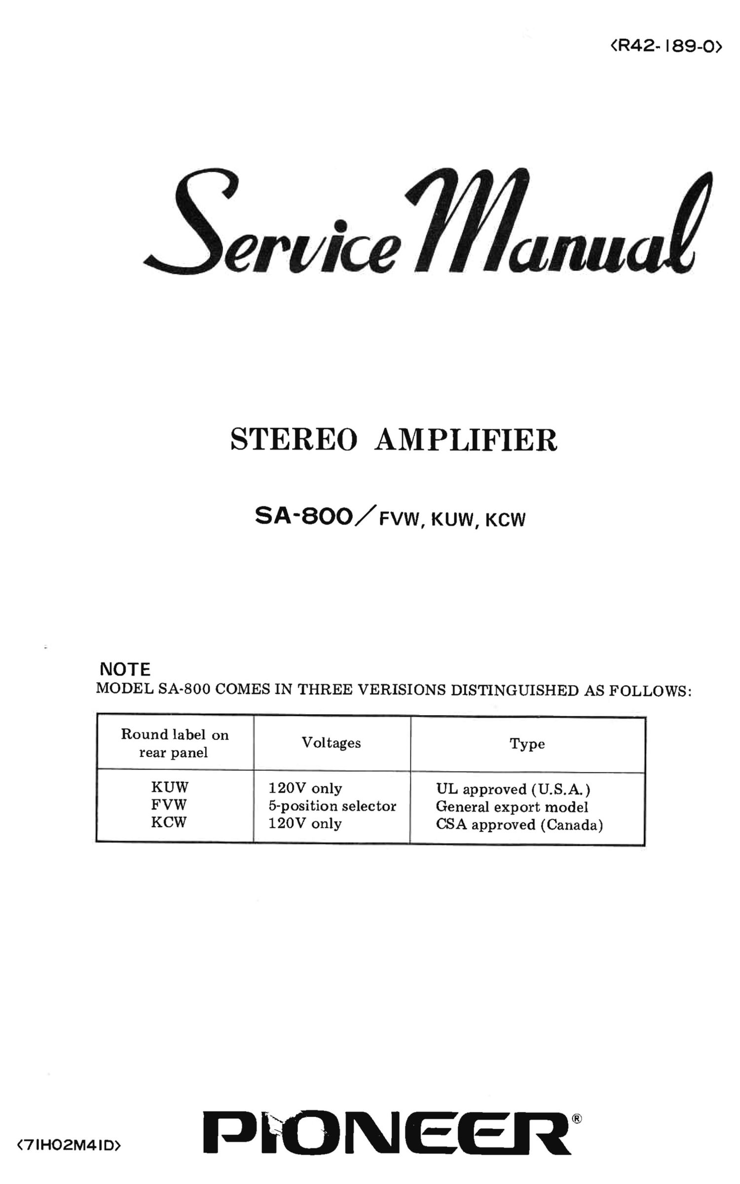 Pioneer SA 800 Service Manual