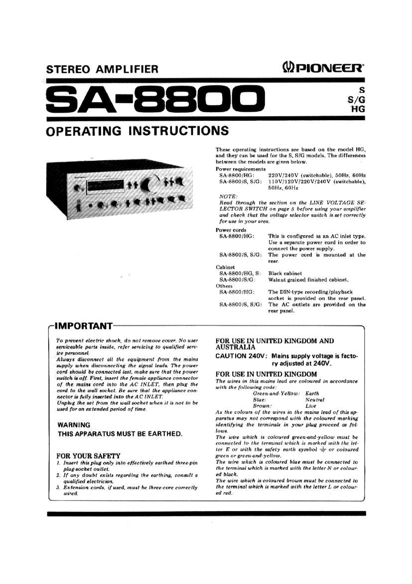 Free Audio Service Manuals - Free download Pioneer SA 8800 Owners 