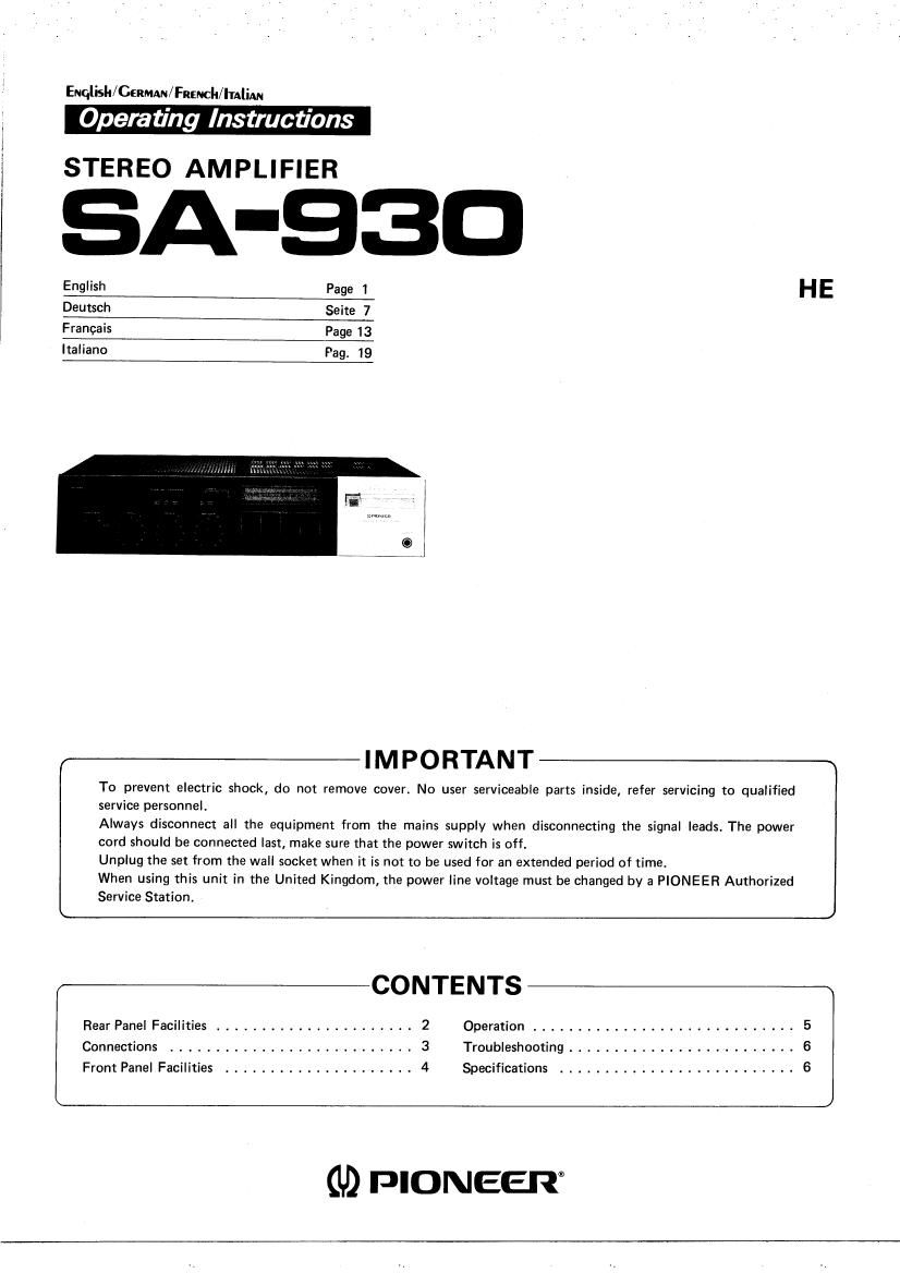 Pioneer SA 930 Owners Manual