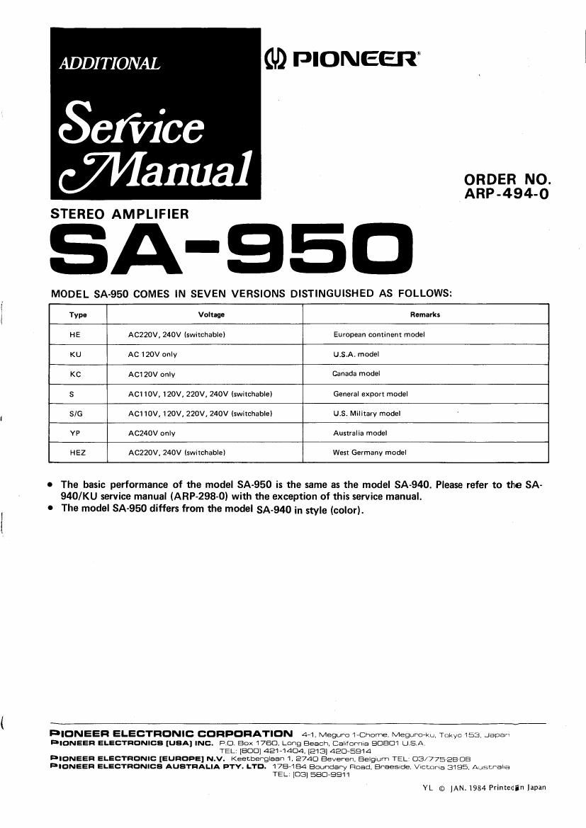 Pioneer SA 950 Service Manual