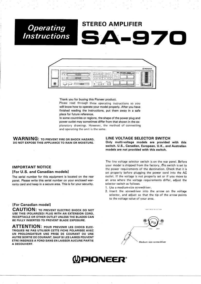 Pioneer SA 970 Owners Manual