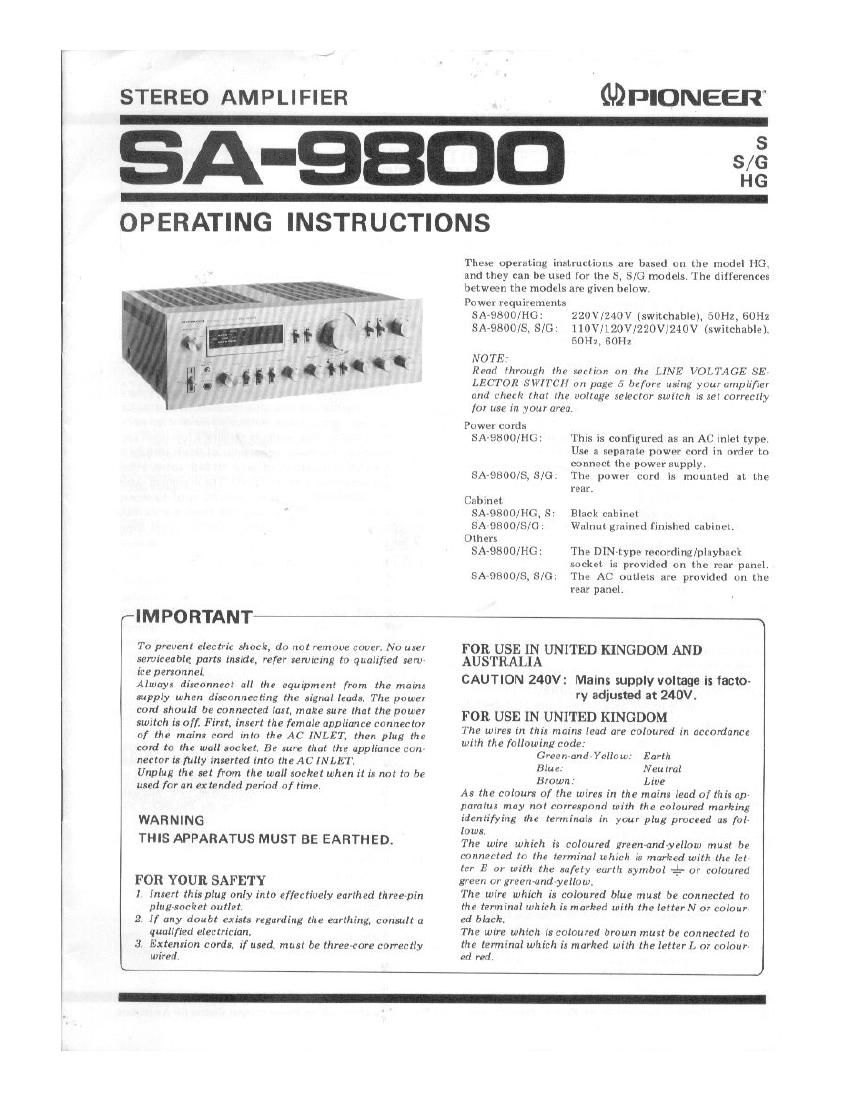 Pioneer SA 9800 Owners Manual