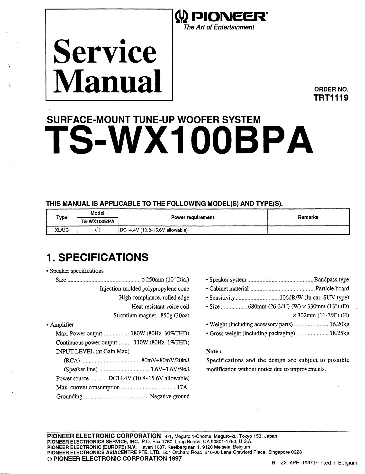 pioneer tswx 100 bpa service manual