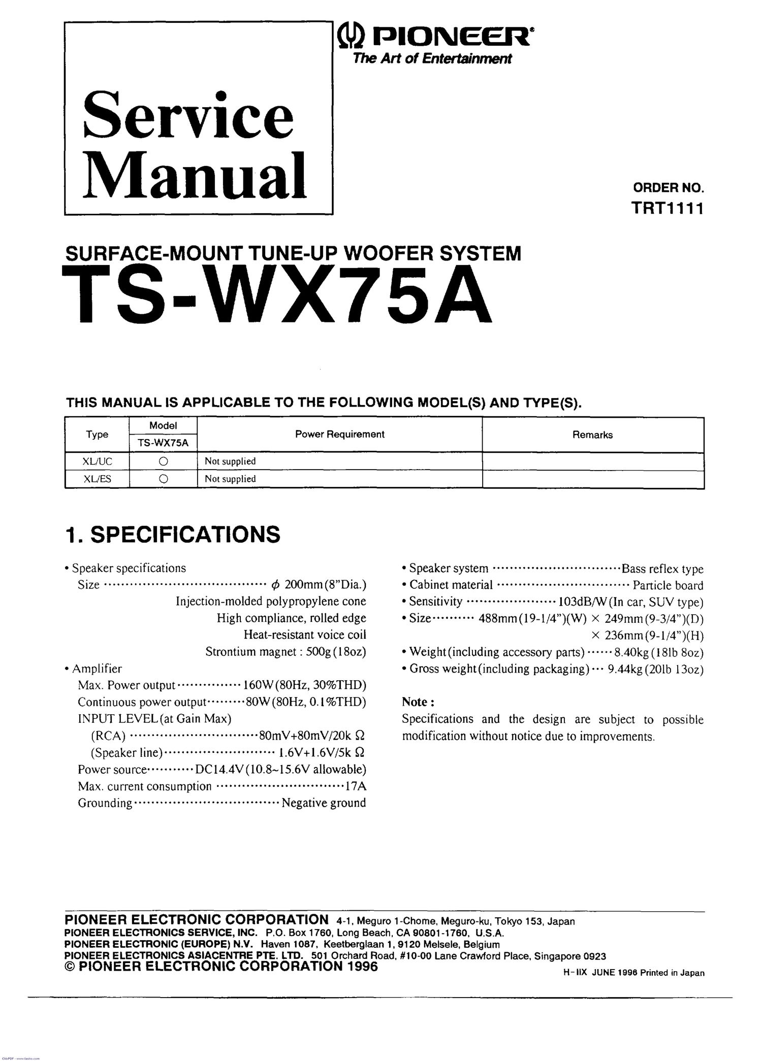 pioneer tswx 75 a service manual