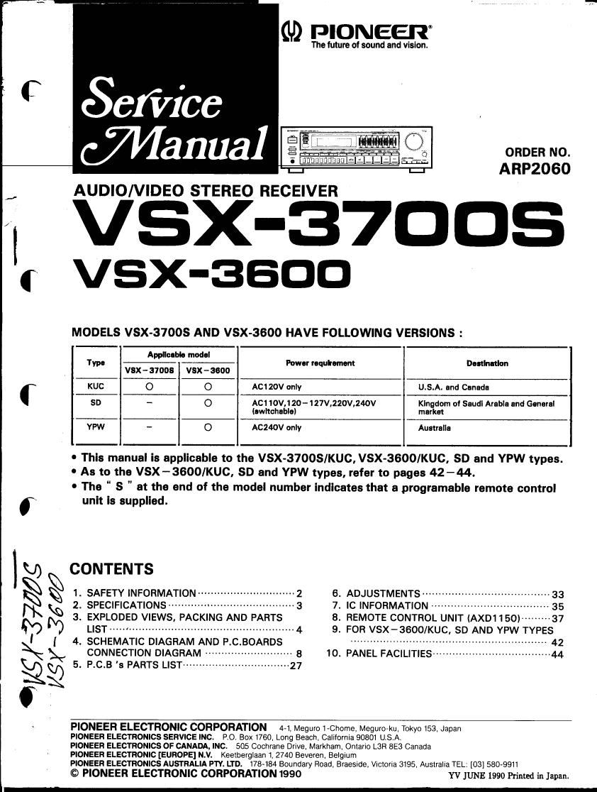 pioneer vsx 3700 s service manual