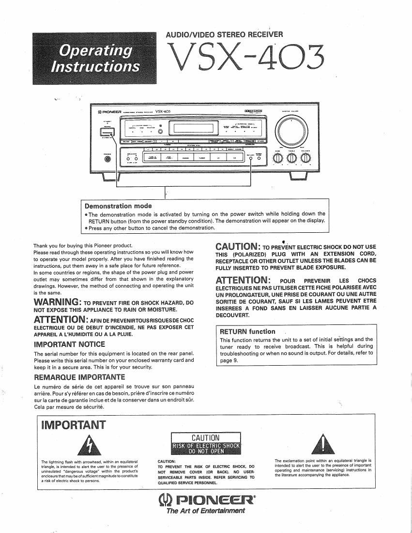 pioneer vsx 403 owners manual