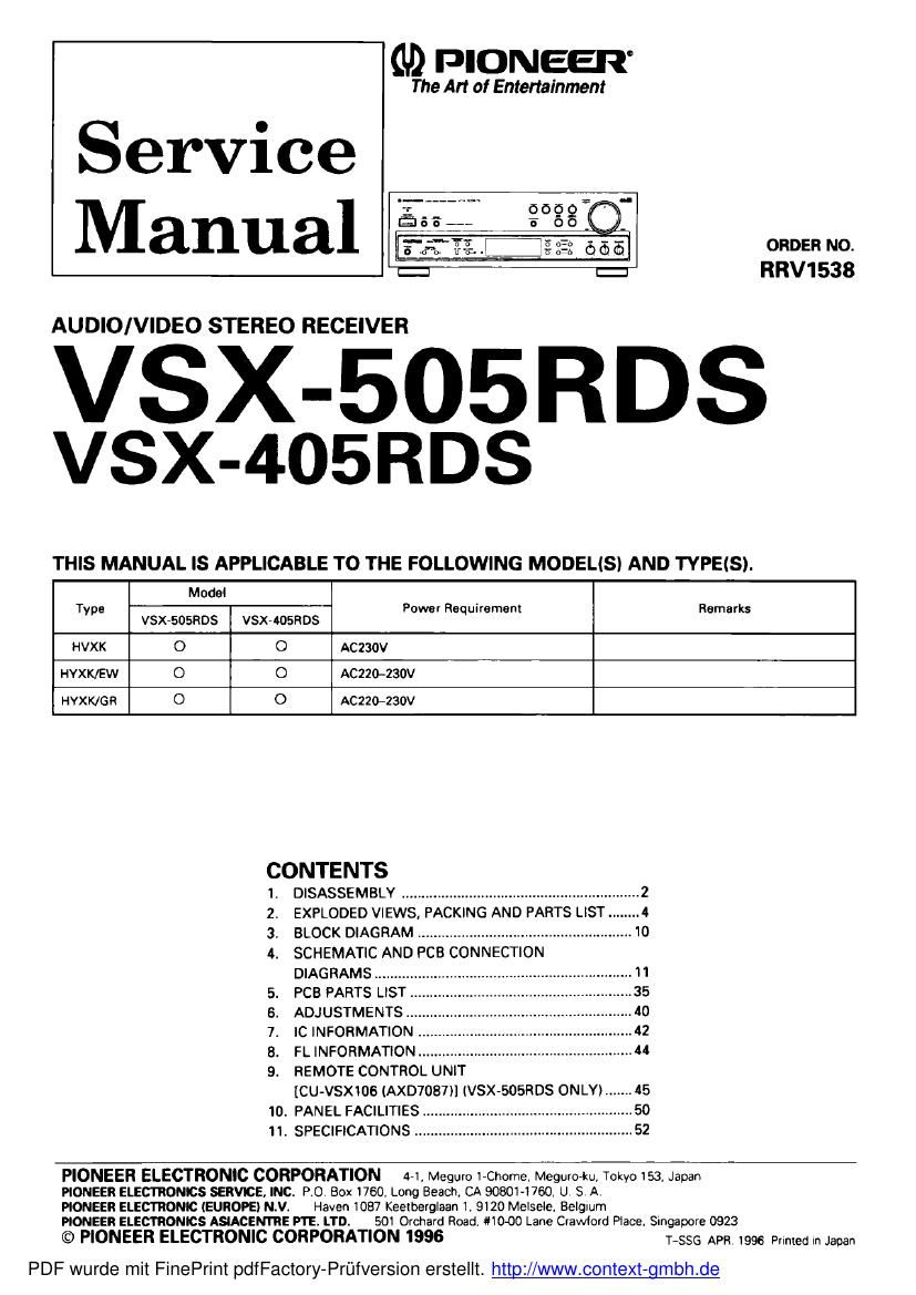 pioneer vsx 505 rds service manual