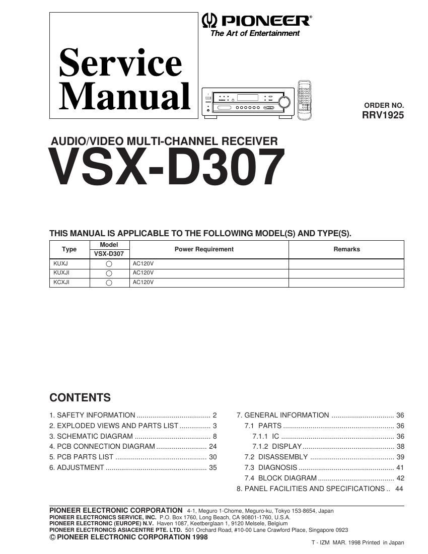 pioneer vsxd 307 service manual