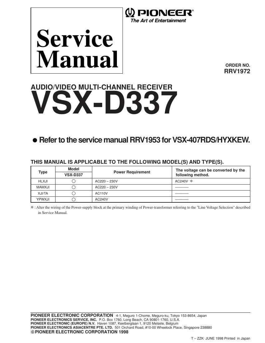 pioneer vsxd 337 service manual