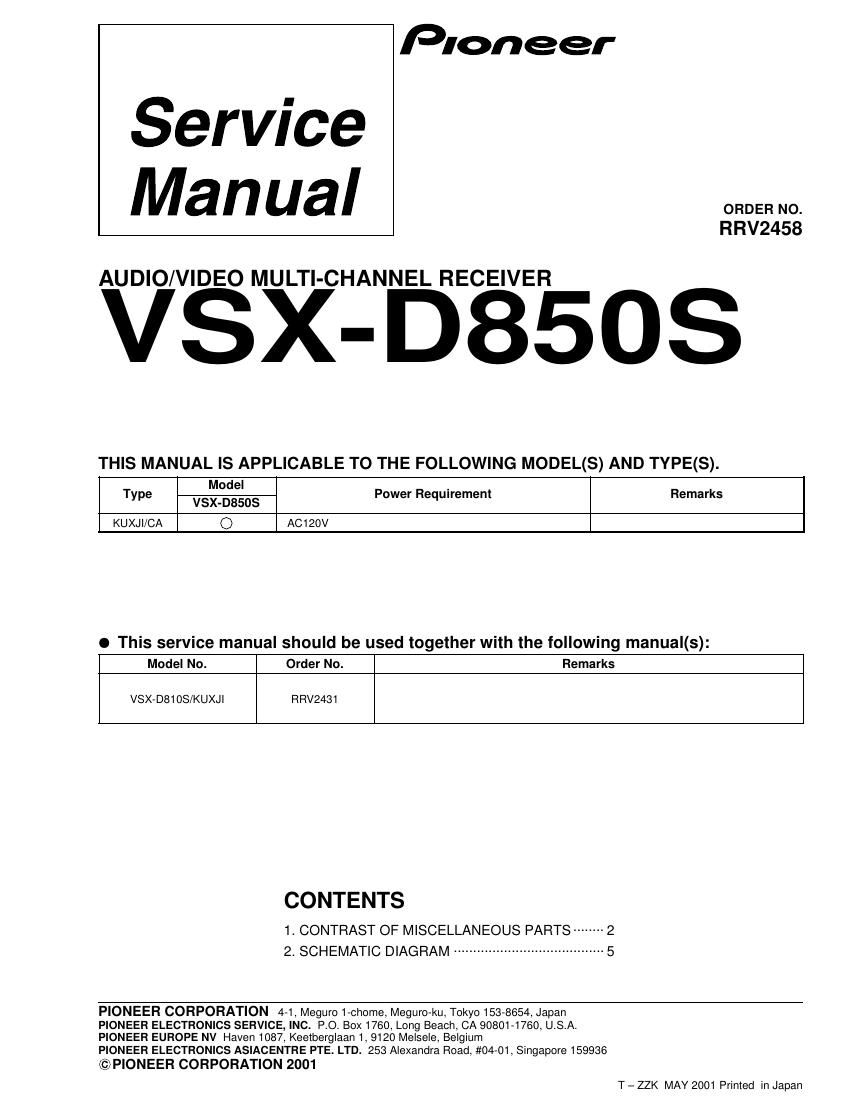 pioneer vsxd 850 s service manual