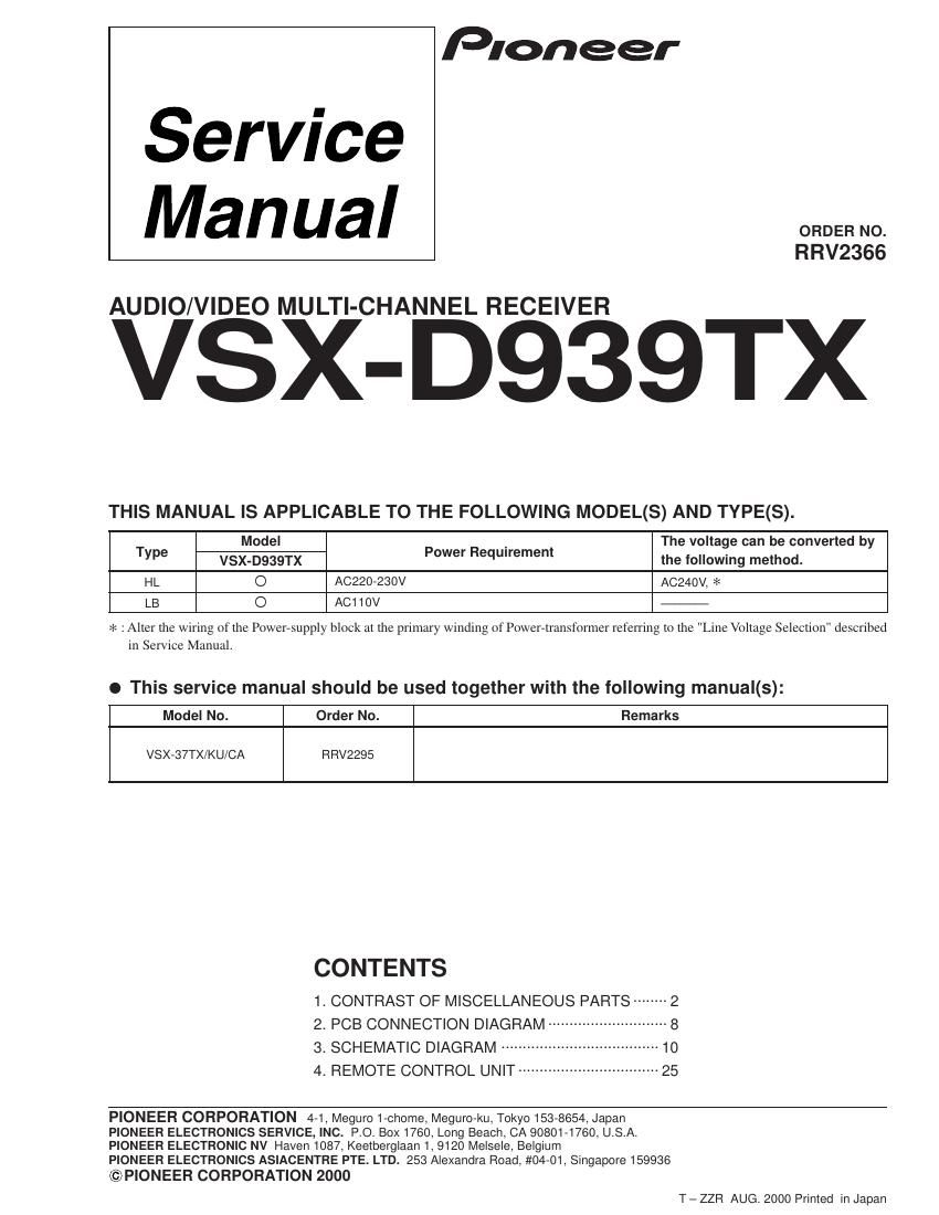pioneer vsxd 939 tx service manual