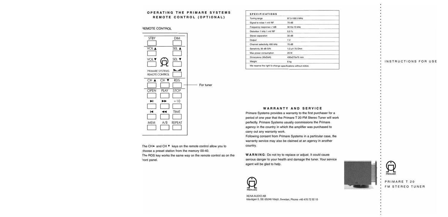 primare t 20 owners manual