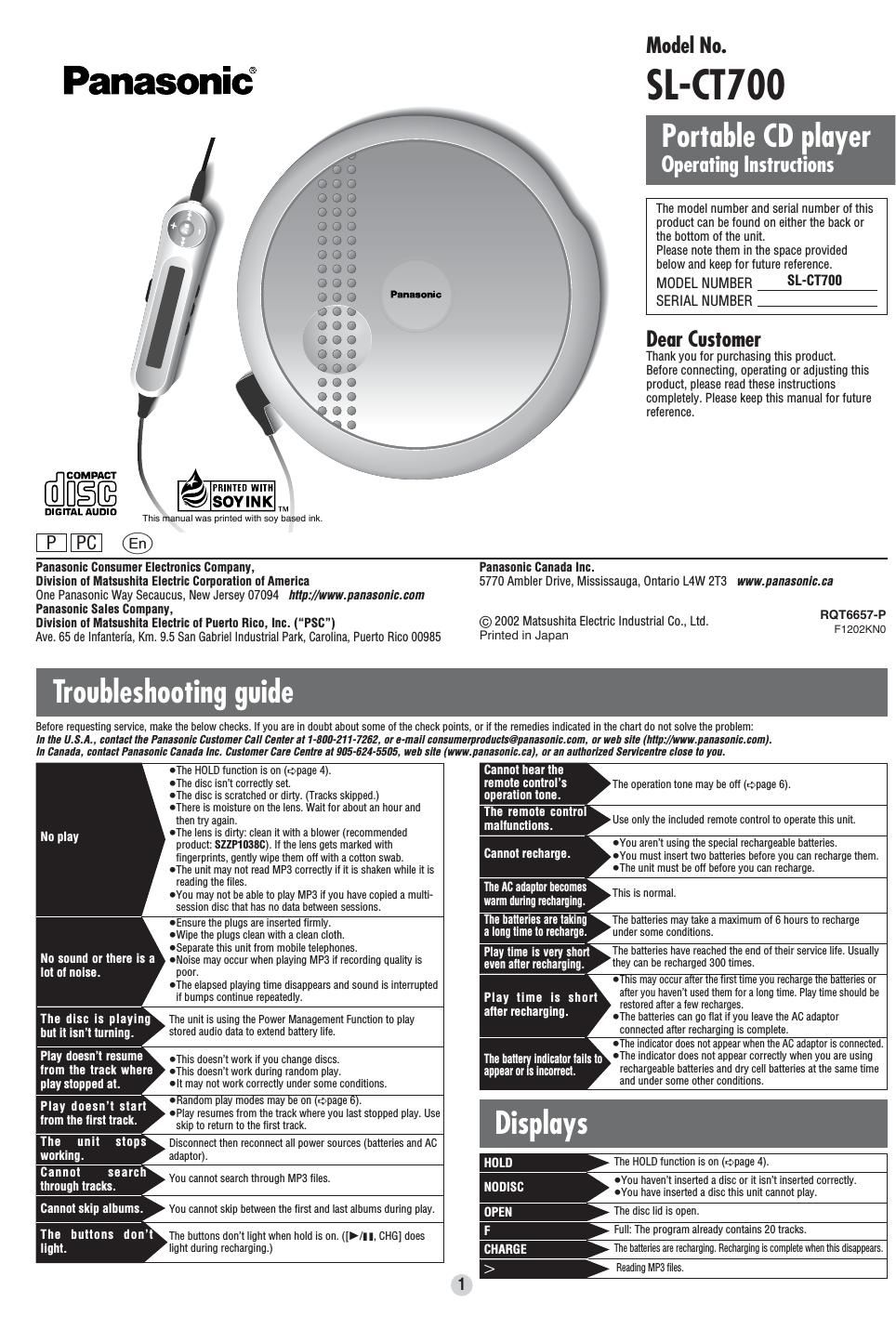 panasonic sl ct 700 owners manual