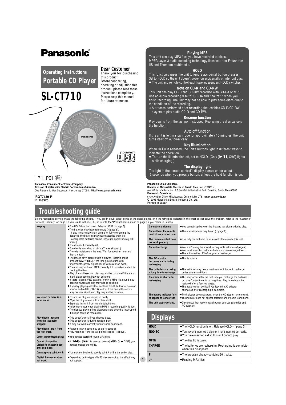 panasonic sl ct 710 owners manual