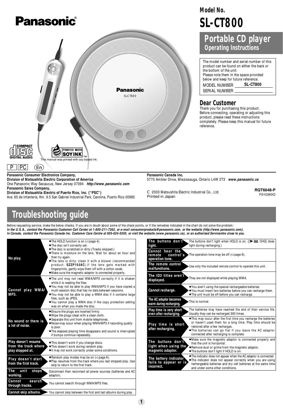 panasonic sl ct 800 owners manual