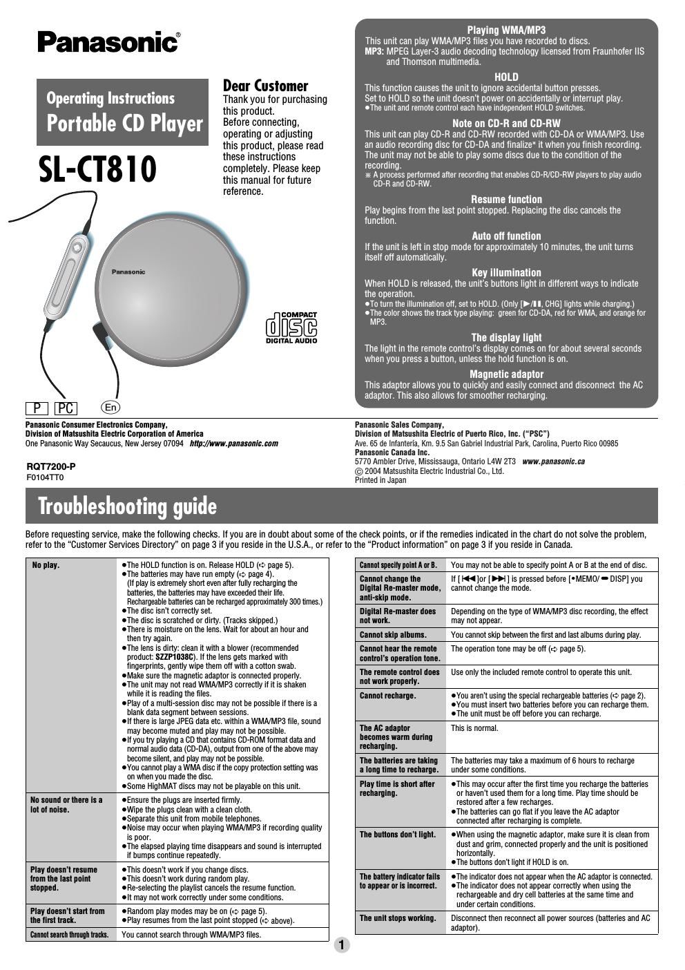 panasonic sl ct 810 owners manual