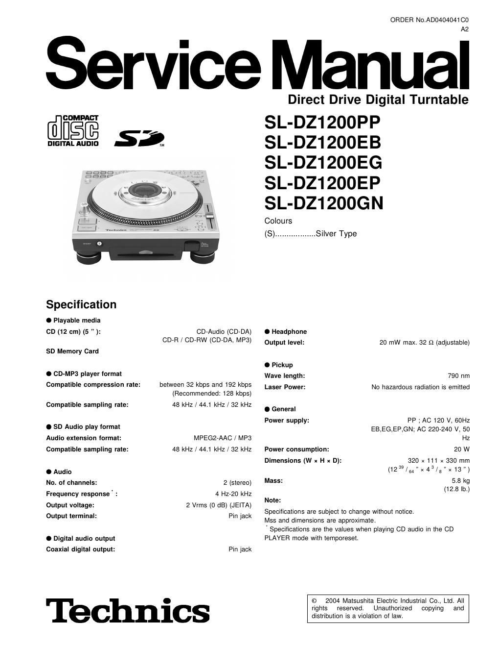 panasonic sl dz 1200 eb service manual