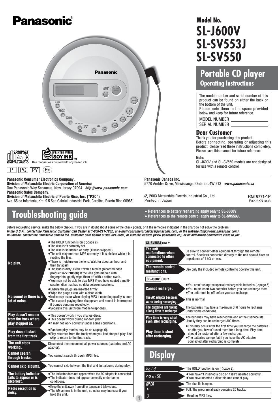 panasonic sl j 600 v owners manual