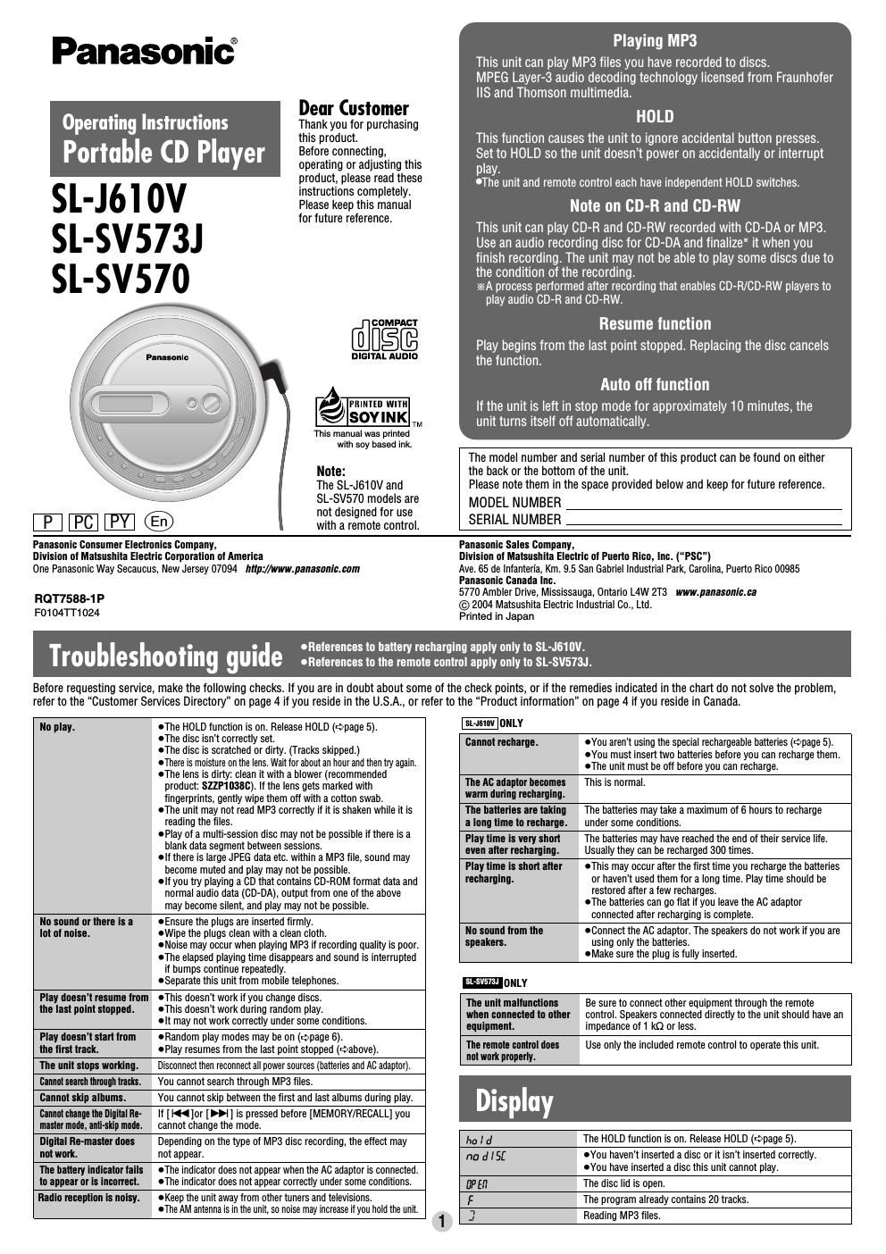 panasonic sl j 610 v owners manual