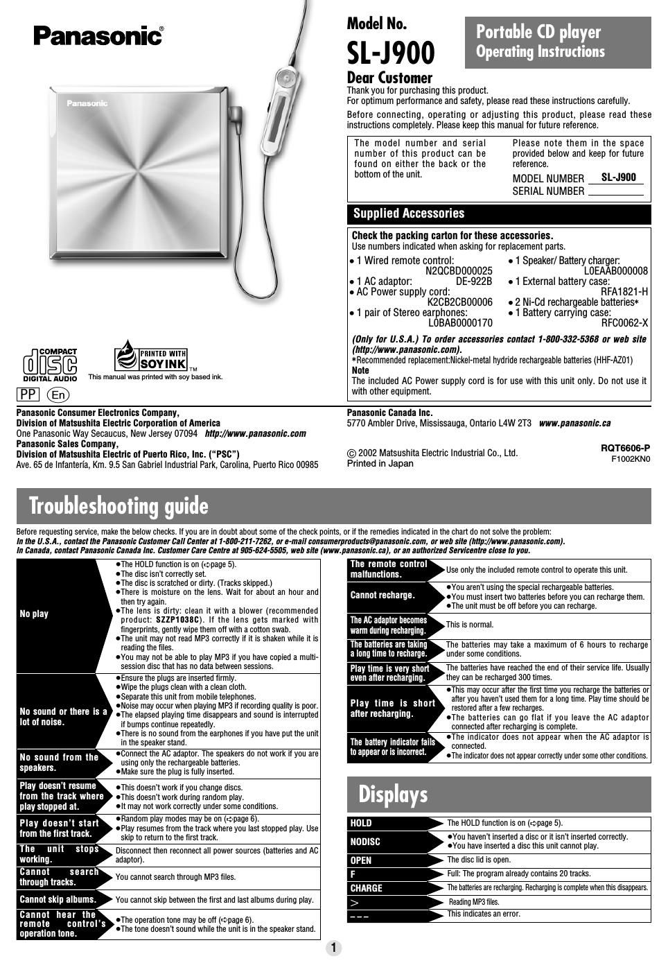 panasonic sl j 900 owners manual