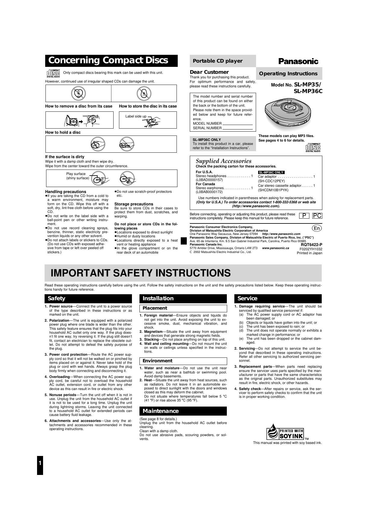 panasonic sl mp 35 owners manual