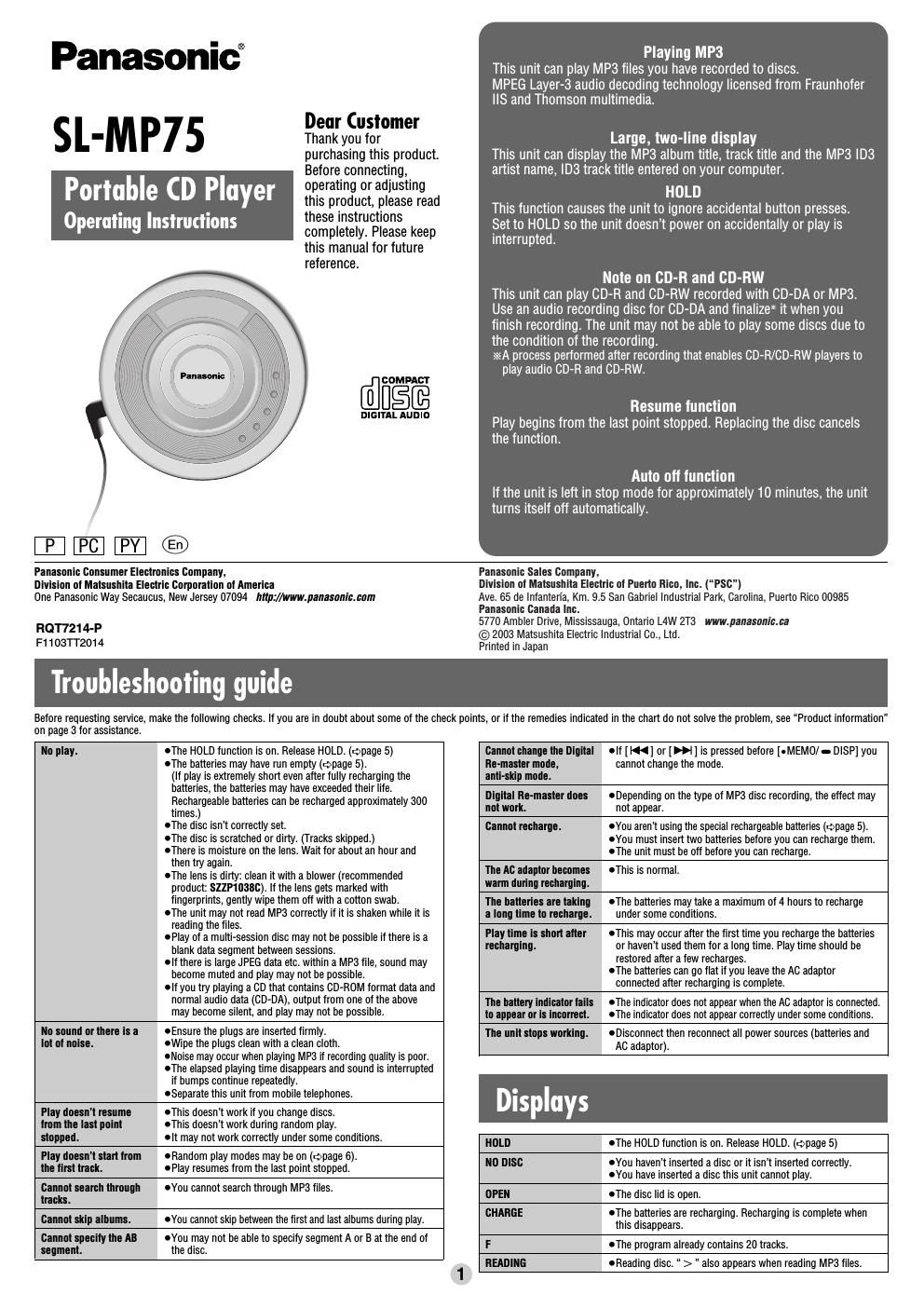 panasonic sl mp 75 owners manual