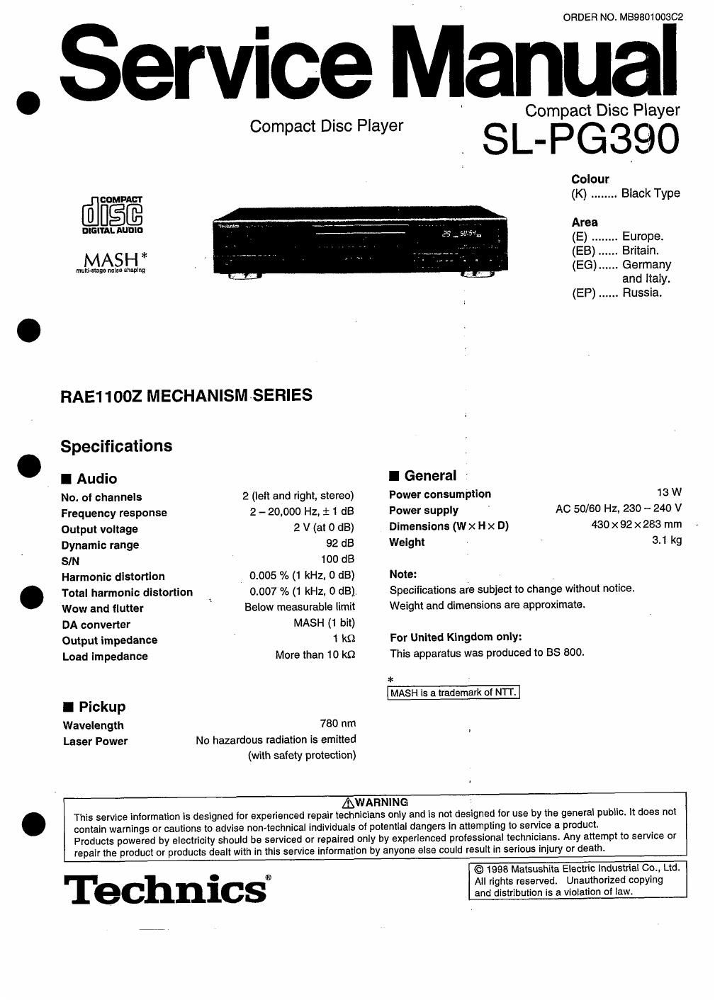 panasonic sl pg 390 service manual