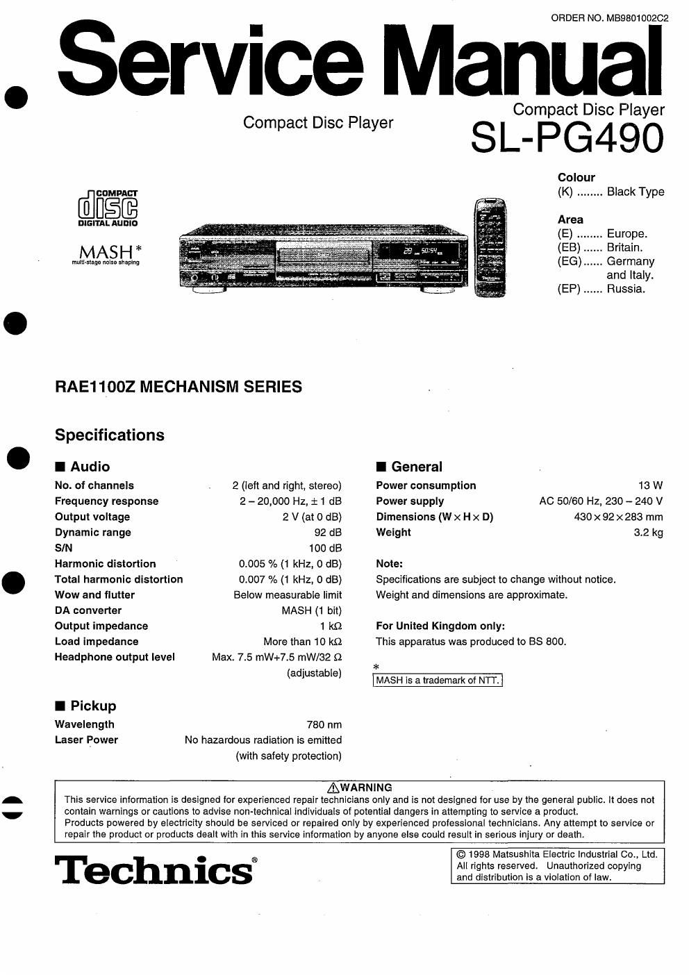 panasonic sl pg 490 service manual