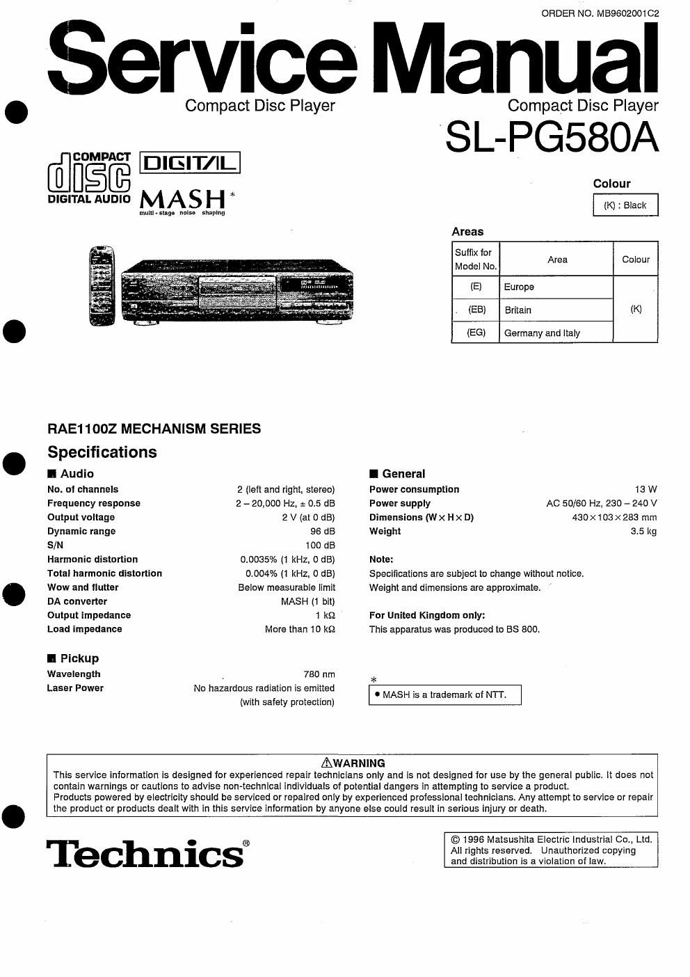 panasonic sl pg 580 a service manual