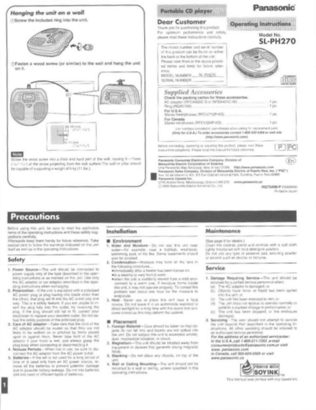 panasonic sl ph 270 owners manual