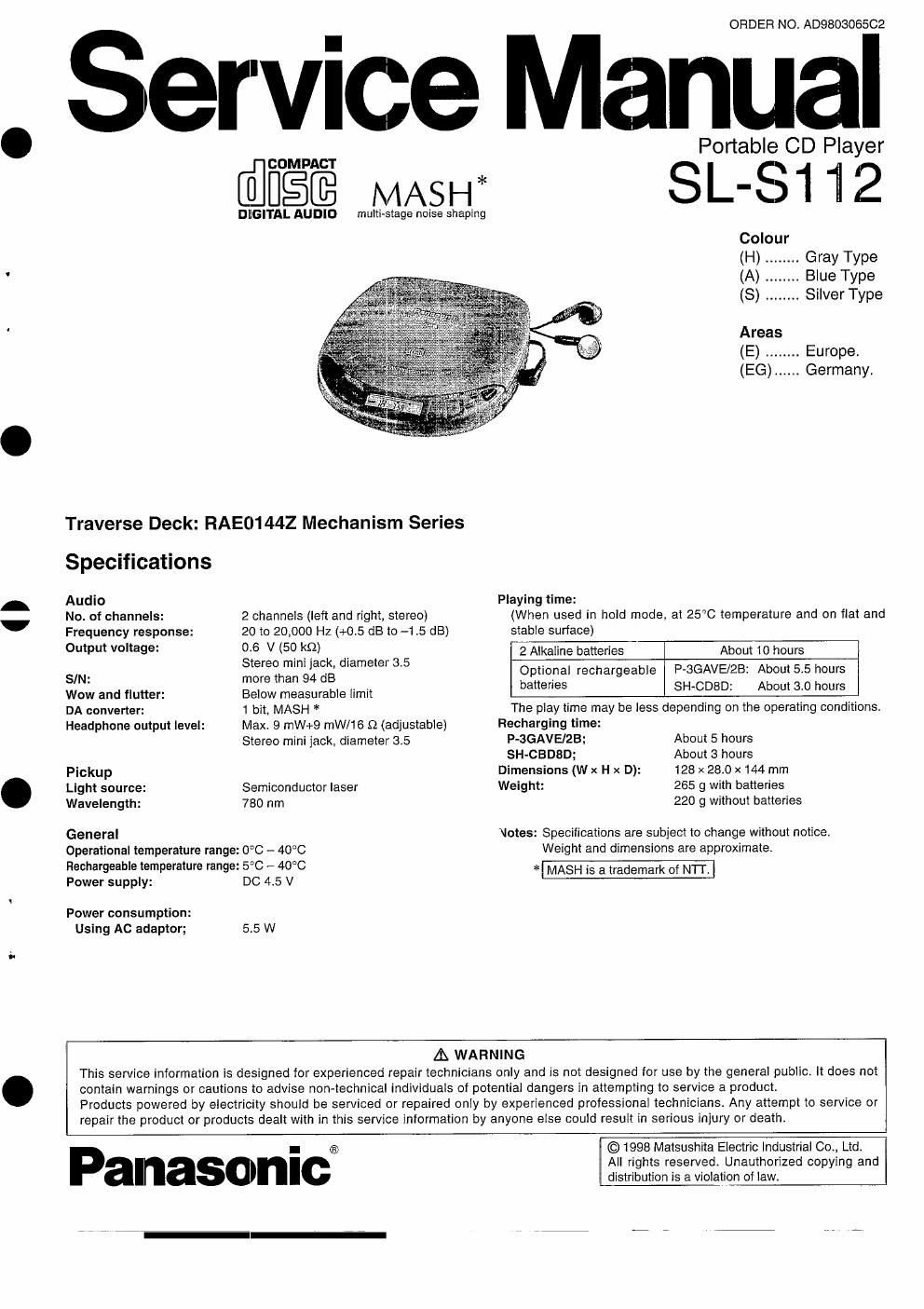 panasonic sl s 112 service manual