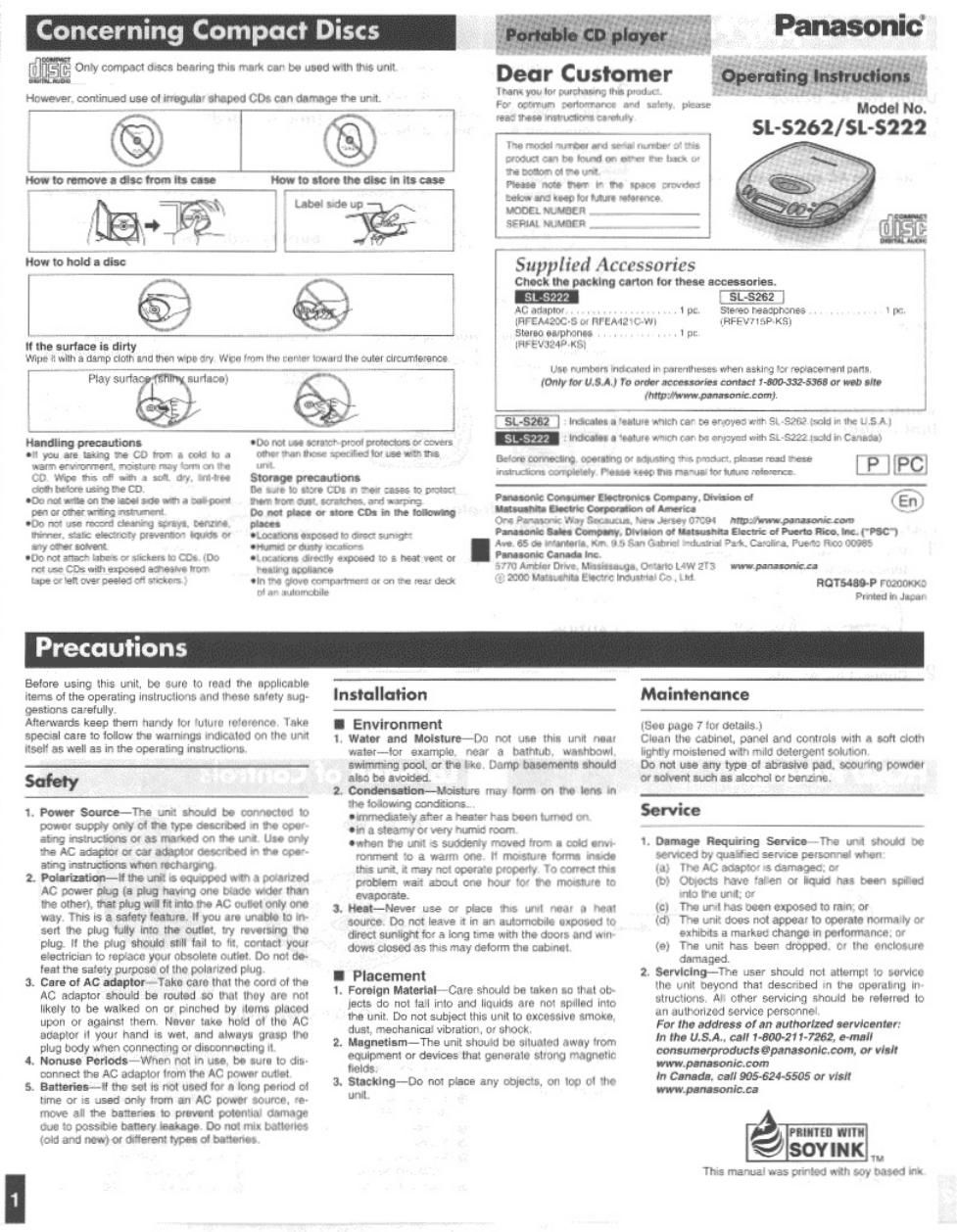 panasonic sl s 222 owners manual