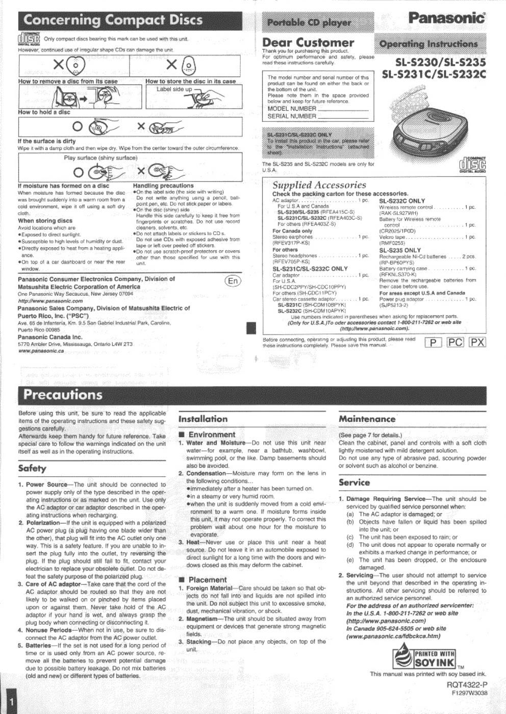 panasonic sl s 230 owners manual