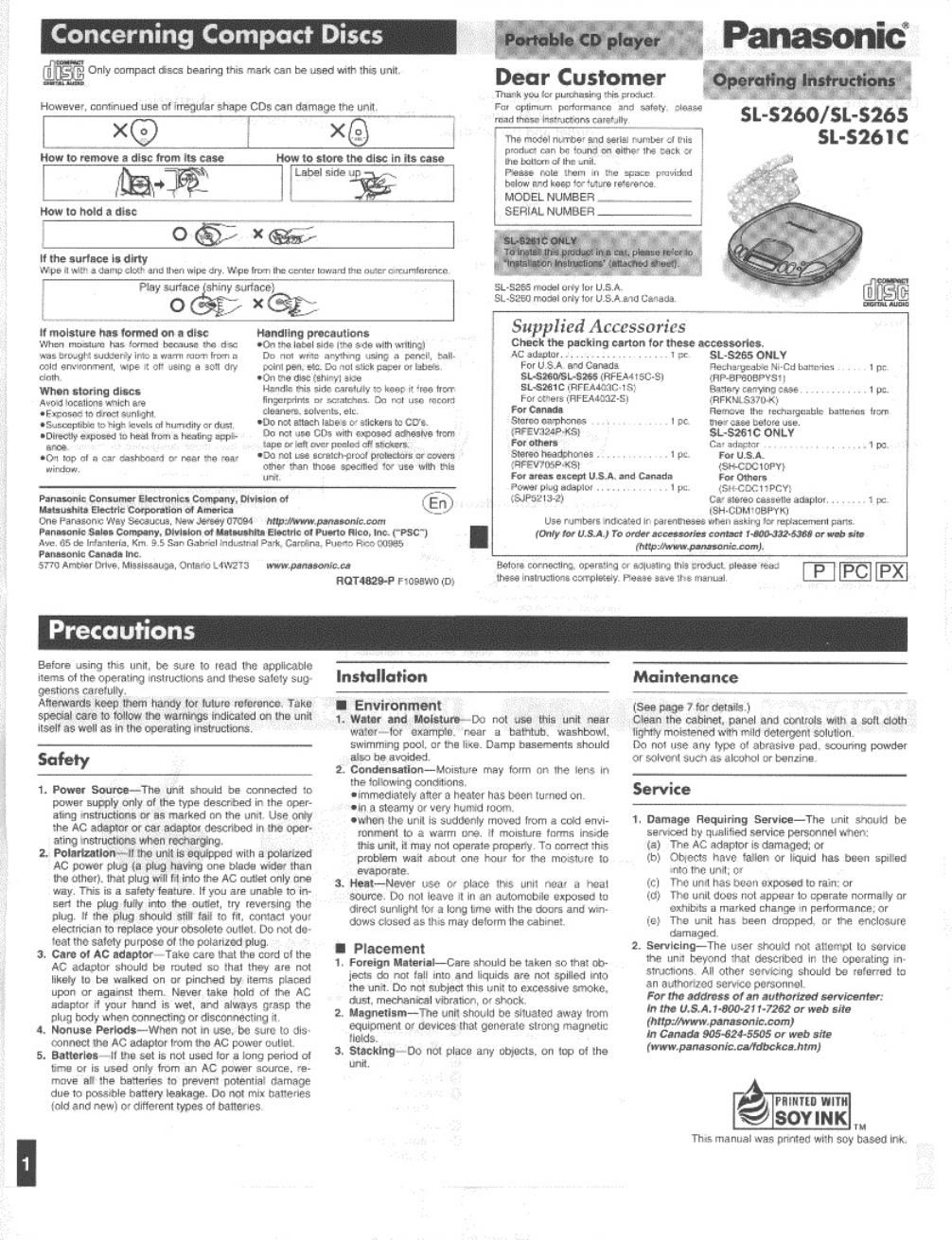 panasonic sl s 260 owners manual