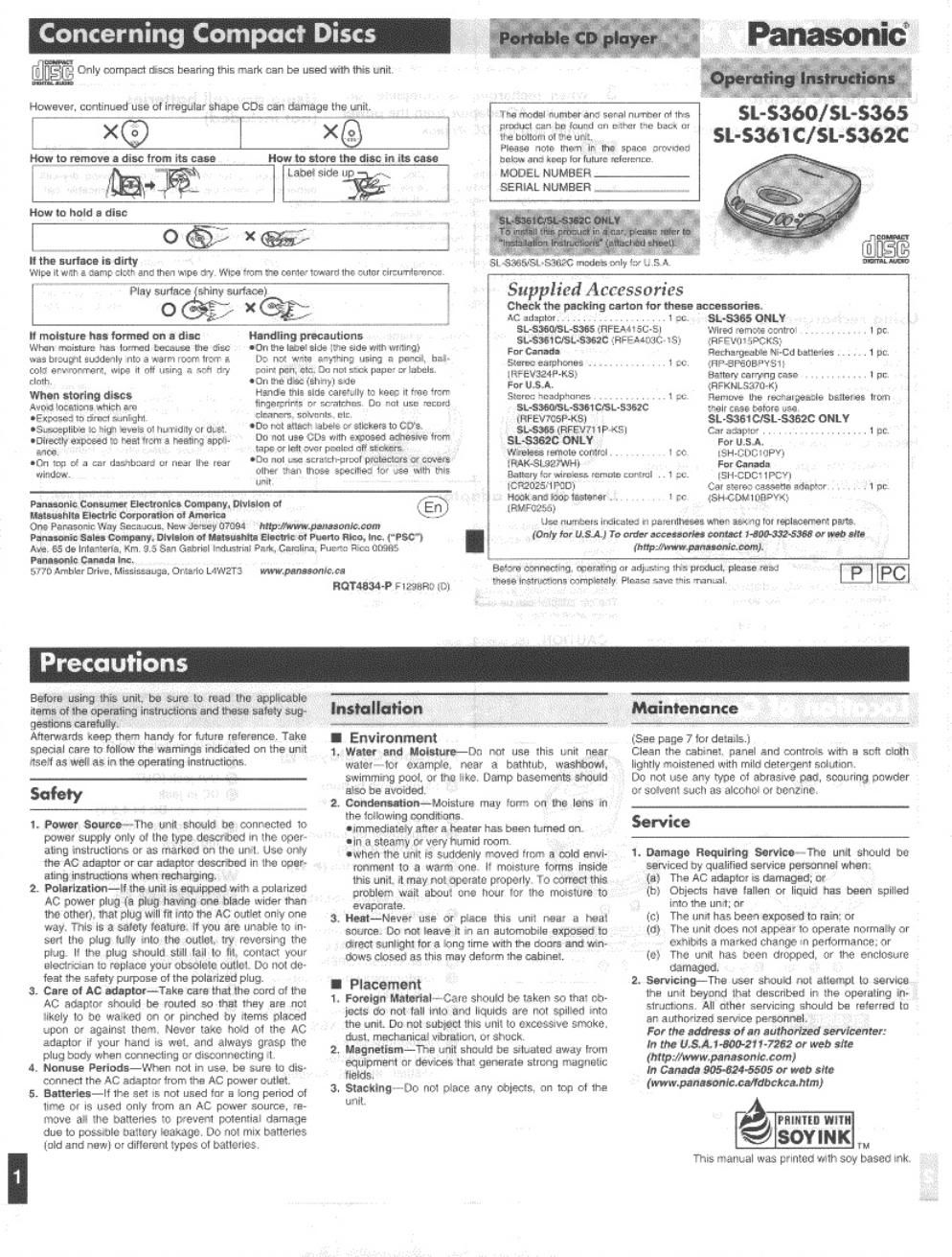 panasonic sl s 361 c owners manual
