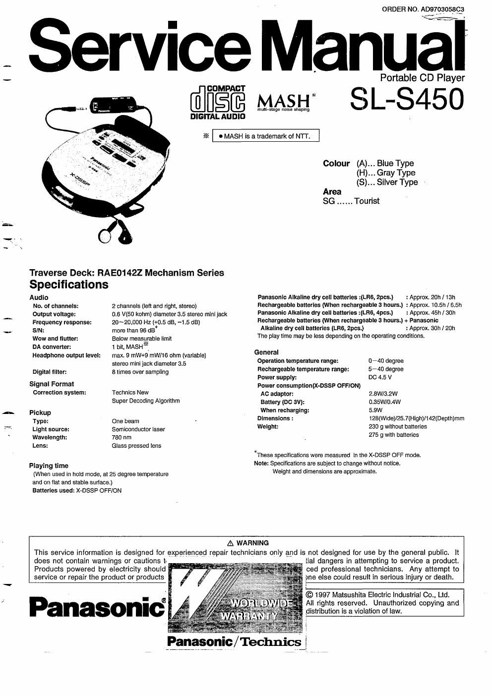panasonic sl s 450 service manual