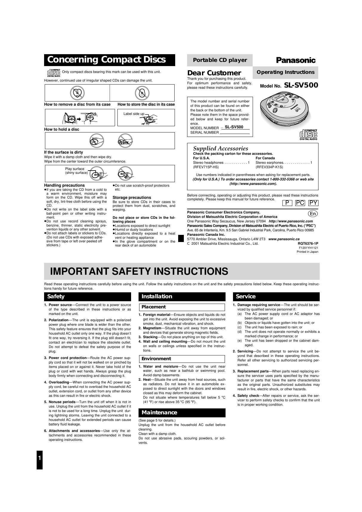 panasonic sl sv 500 owners manual