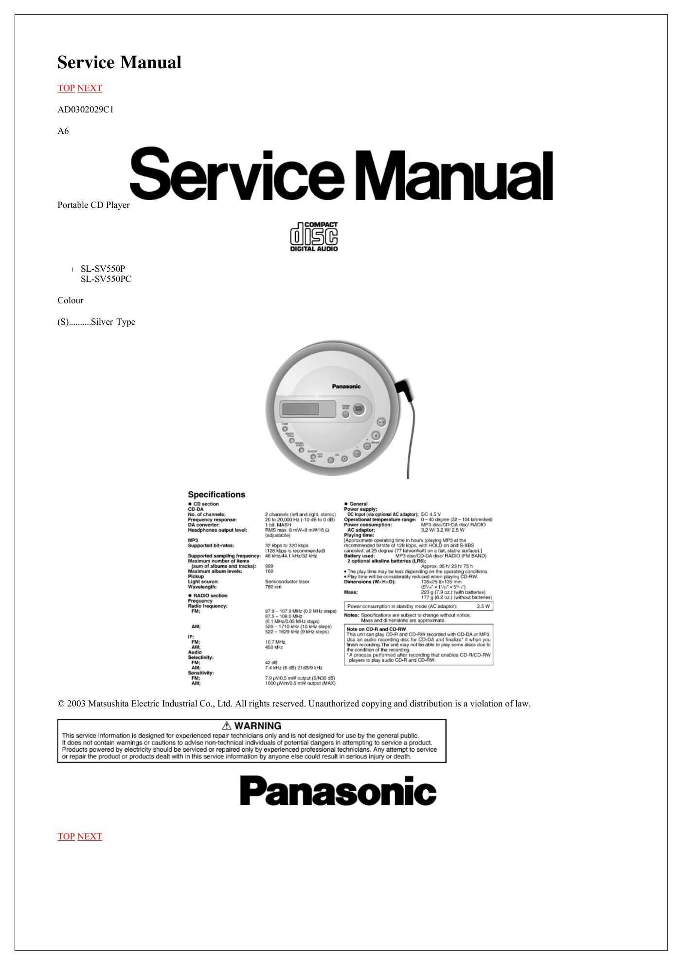 panasonic sl sv 550 service manual