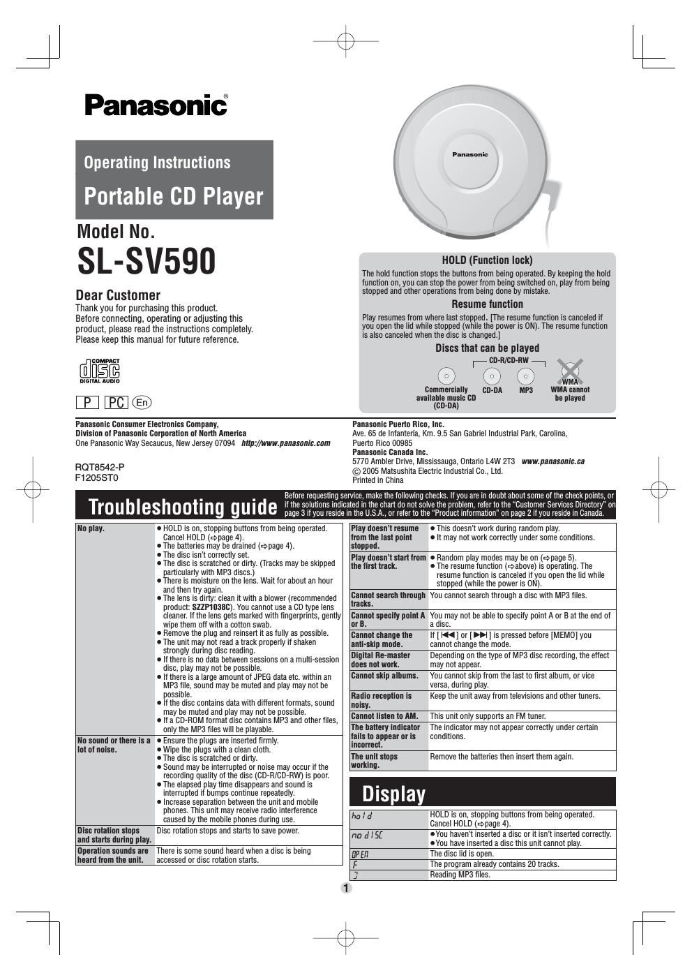 panasonic sl sv 590 owners manual