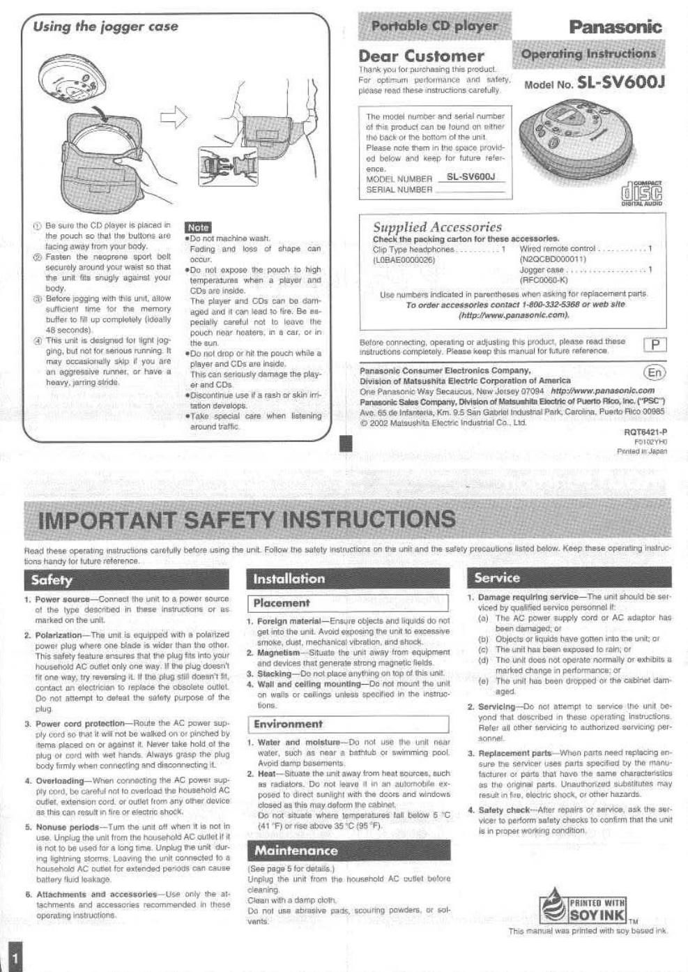 panasonic sl sv 600 j owners manual